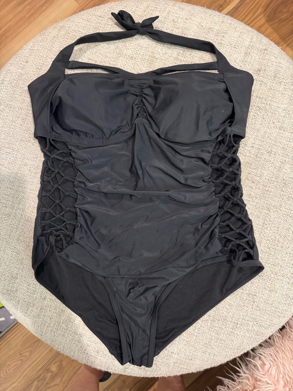Swimsuits For All Black Macramé Side Halter One-Piece